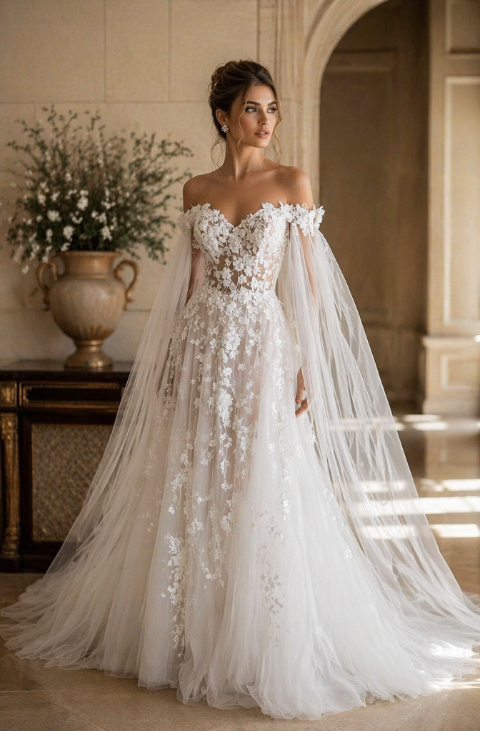 Ivory 3D Floral Lace Off-Shoulder A-Line Wedding Dress Tulle Cape | LLELLA Bridal