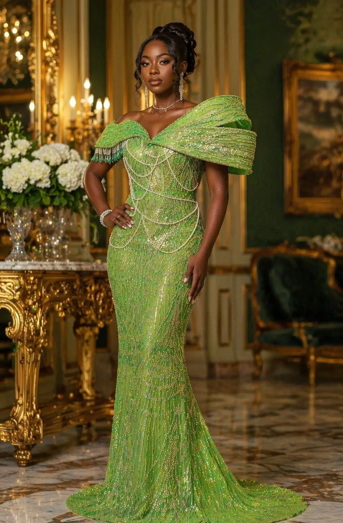 Emerald Green Off Shoulder Sequin Mermaid Prom Dress with Fringe | LLELLA