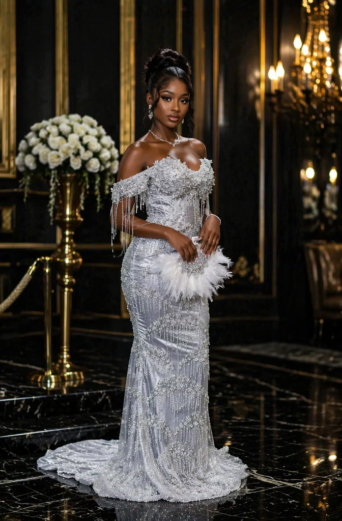 Silver Crystal Off Shoulder Sequin Mermaid Prom Dress with Fringe | LLELLA