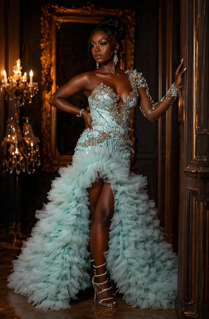 Mint Green One Shoulder Crystal Beaded Mermaid Prom Dress with Ruffles | LLELLA