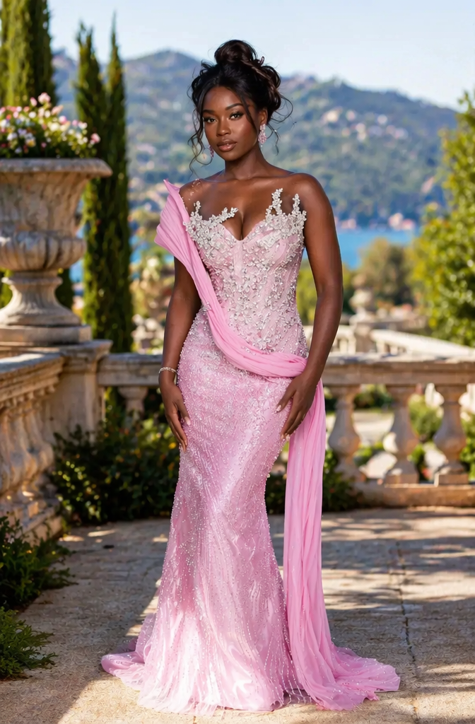 Blush Pink Strapless Crystal Beaded Mermaid Prom Dress with Chiffon Wrap | LLELLA