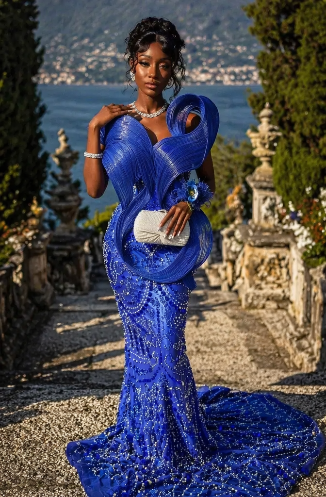 Royal Blue Sculptural Ruffle Crystal Beaded Mermaid Prom Dress | LLELLA