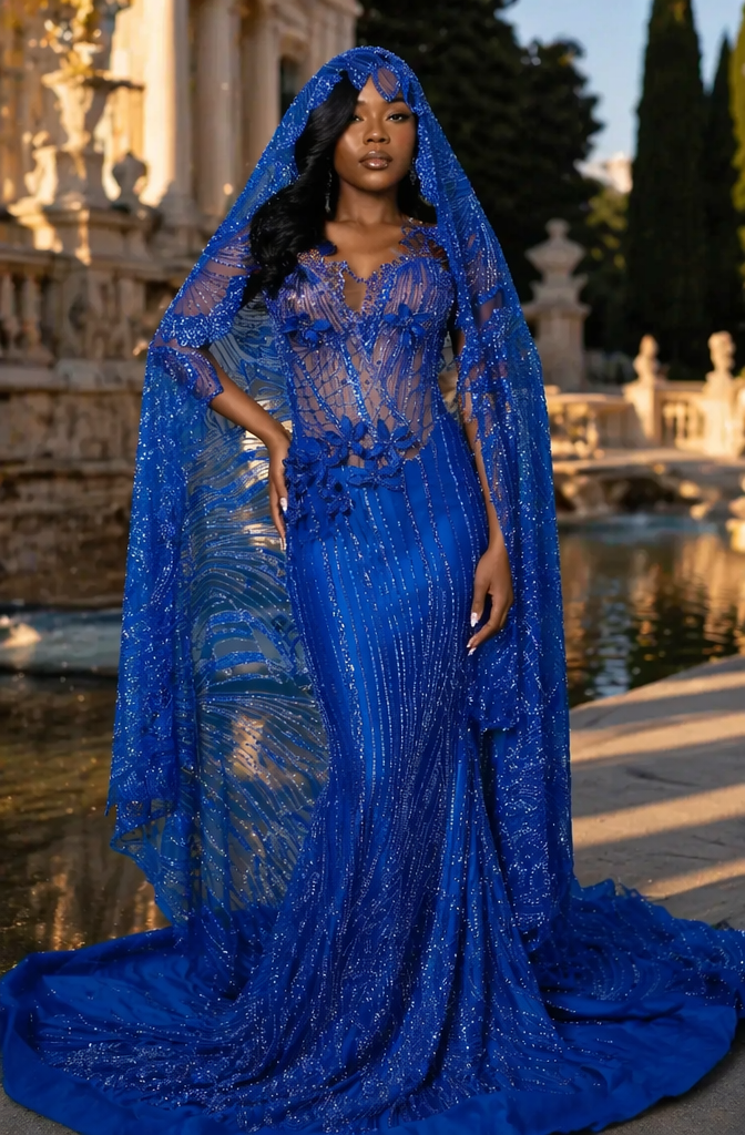 Royal Blue Glitter Sequin Hooded Cape Mermaid Prom Dress | LLELLA