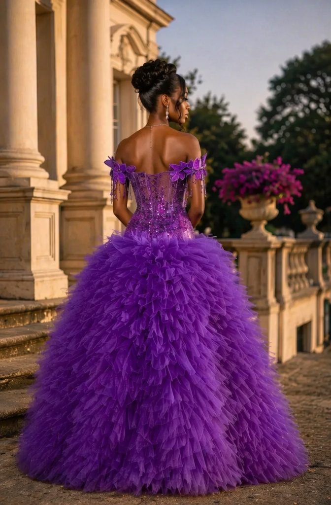 Royal Purple Off Shoulder 3D Butterfly Beaded Ball Gown Prom Dress with Ruffle Tulle Skirt