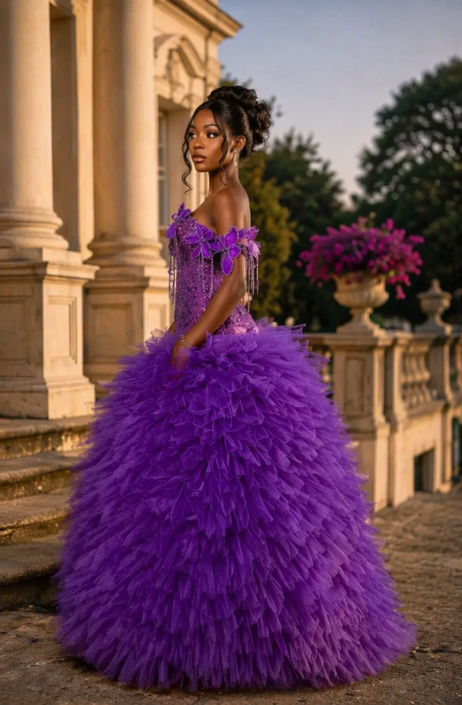 Royal Purple Off Shoulder 3D Butterfly Beaded Ball Gown Prom Dress with Ruffle Tulle Skirt