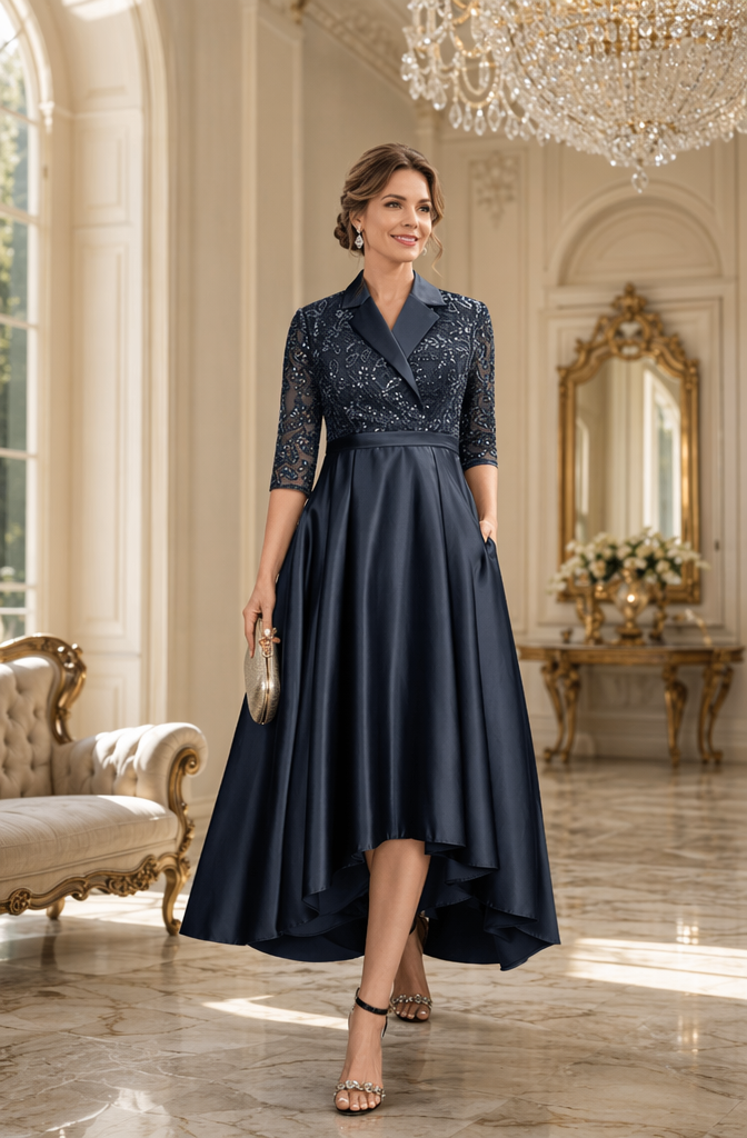 Navy Blue Sequin Lace Hi-Low Satin Mother of the Bride Dress with Pockets | HELERE