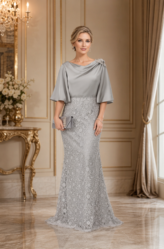 Silver Satin Lace Mermaid Mother of the Bride Gown Flutter Sleeves | HELERE