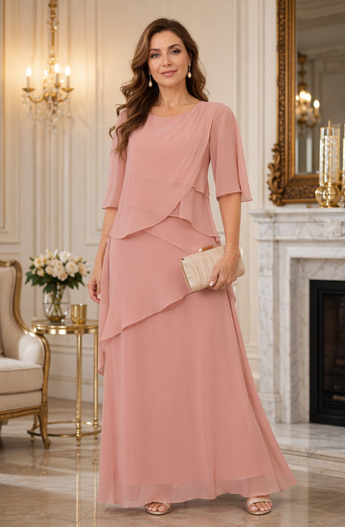 Dusty Rose Chiffon Tiered Mother of the Bride Dress Flutter Sleeves | HELERE