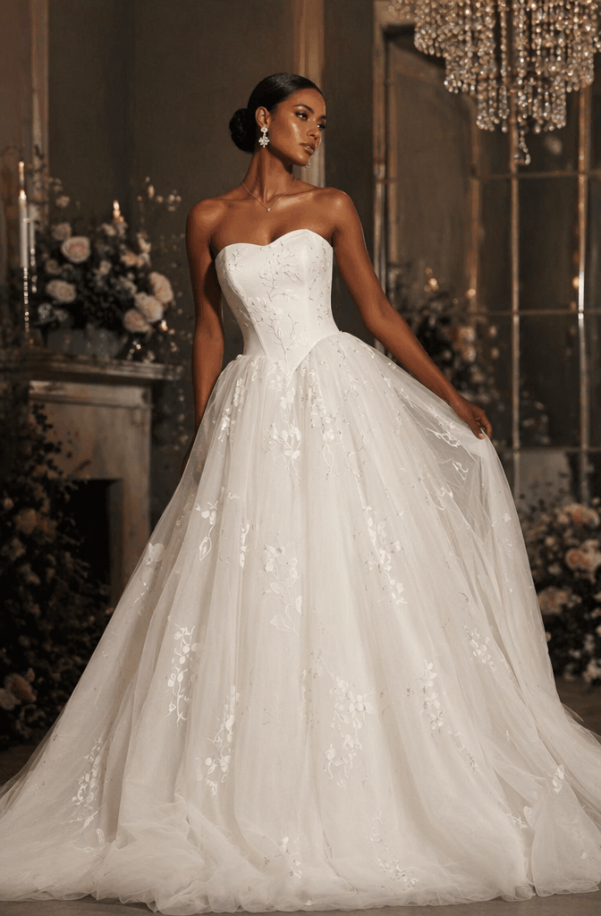Strapless Sweetheart Floral Lace Princess Ball Gown Wedding Dress - Front View