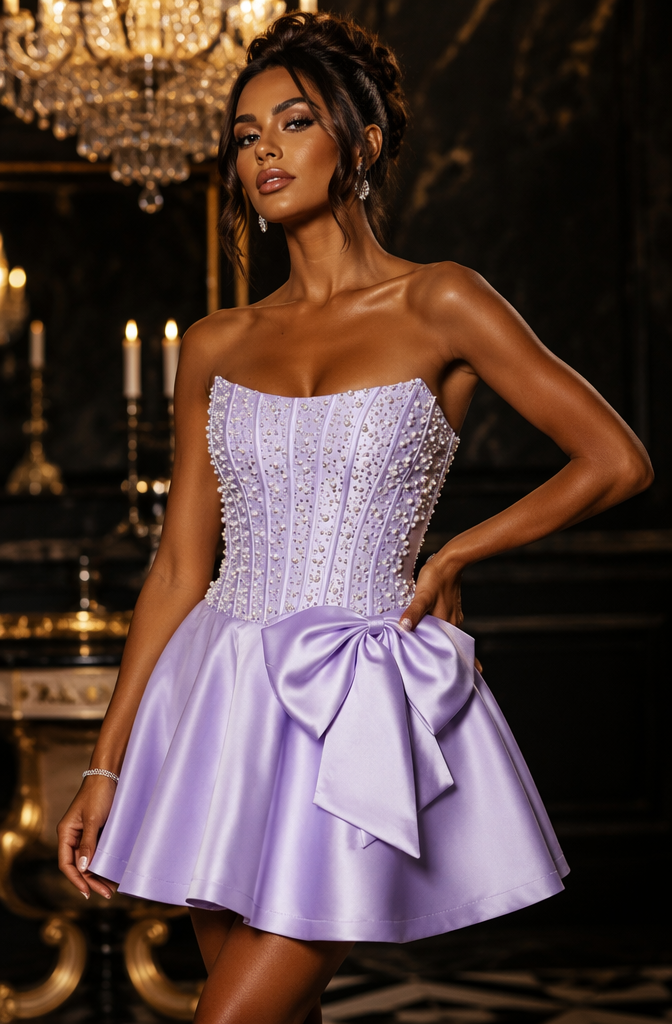 Lavender Pearl Beaded Strapless Corset Bow Flare Mini Homecoming Dress - Front View