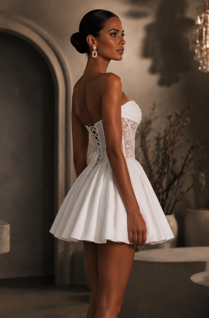 White Strapless Lace Corset Flare Mini Homecoming Dress - Side View
