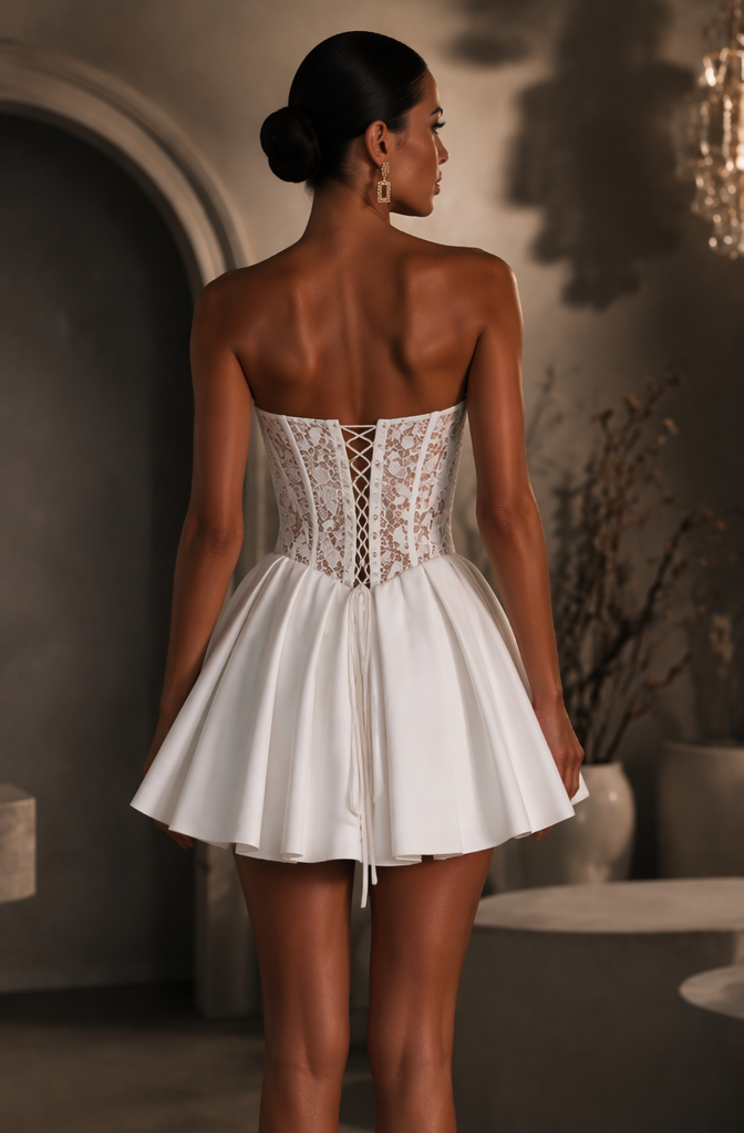 White Strapless Lace Corset Flare Mini Homecoming Dress - Back View