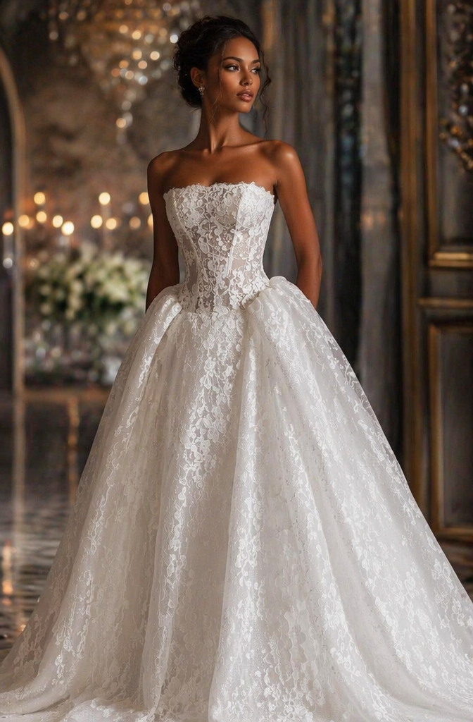 Strapless Lace Corset Ball Gown Wedding Dress - Front View