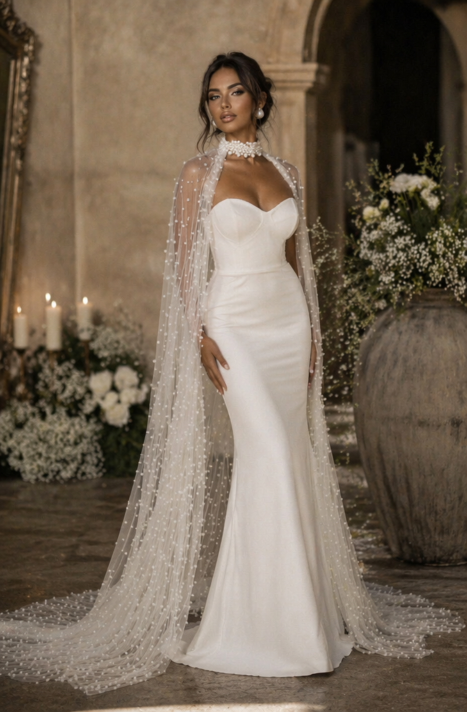 Sweetheart Satin Mermaid Wedding Dress with Pearl Tulle Cape - Front View