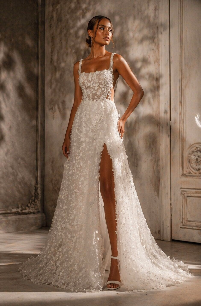 Square Neck 3D Floral Petal A-Line Wedding Dress with High Slit - Front View