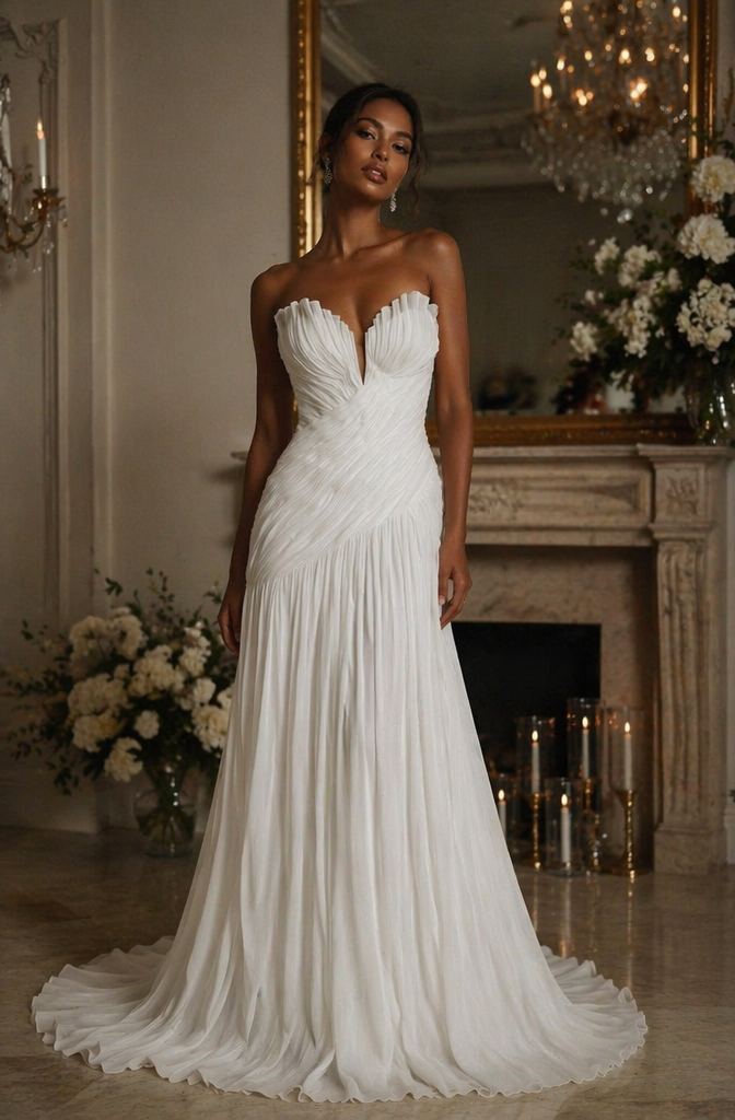 Strapless Pleated Chiffon A-Line Wedding Dress - Front View