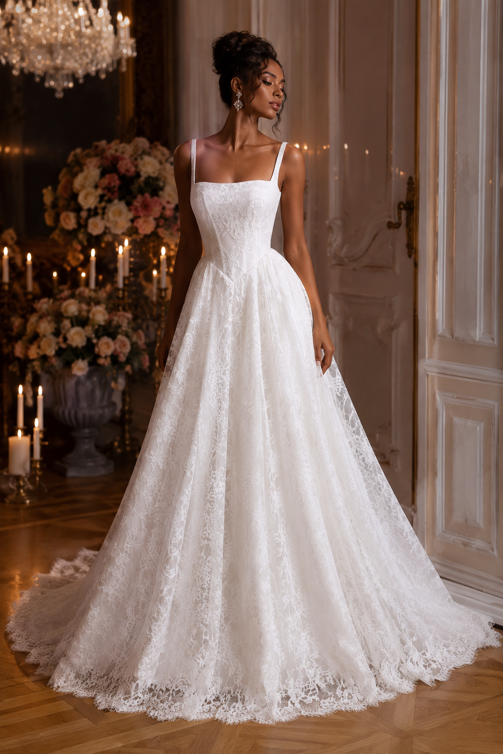 Square Neck Spaghetti Strap Lace A-Line Ball Gown Wedding Dress - Front View