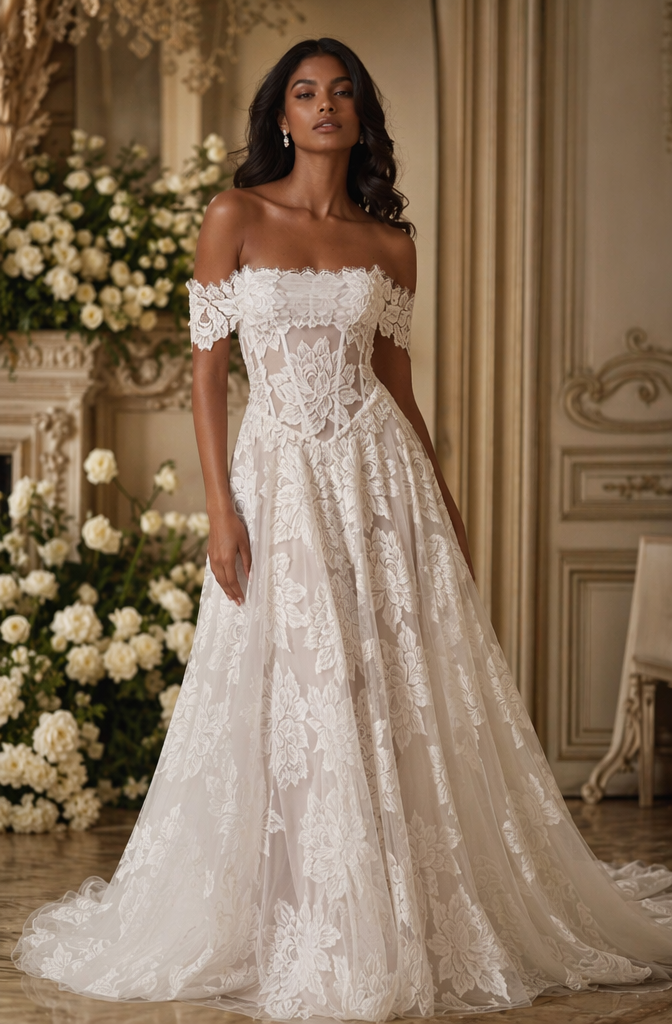 Off-Shoulder Floral Lace A-Line Wedding Dress - Front View