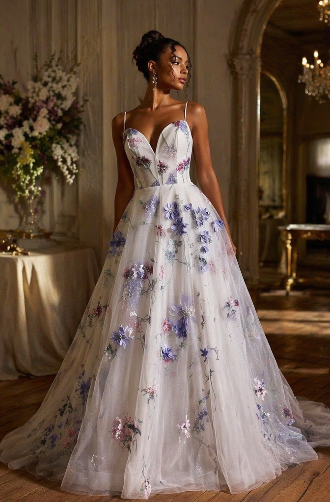 Deep V Spaghetti Strap 3D Floral Embroidered Tulle A-Line Wedding Dress - Front View
