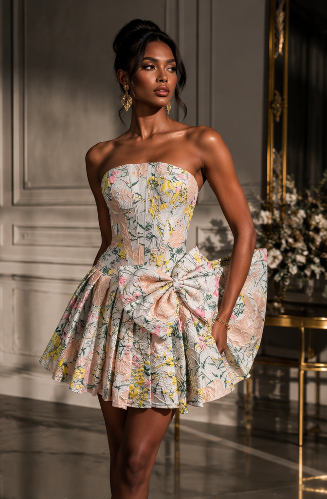 Floral brocade bow mini homecoming dress - front view