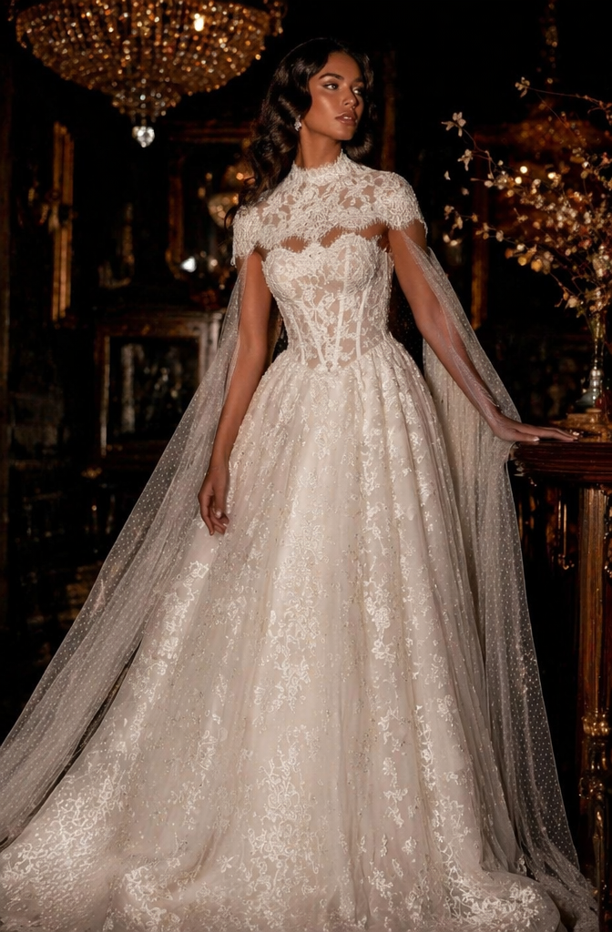 High Neck Lace Ball Gown Wedding Dress with Cape Sleeves - Front View