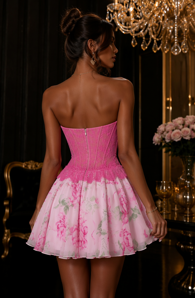 Pink floral corset homecoming dress - back view