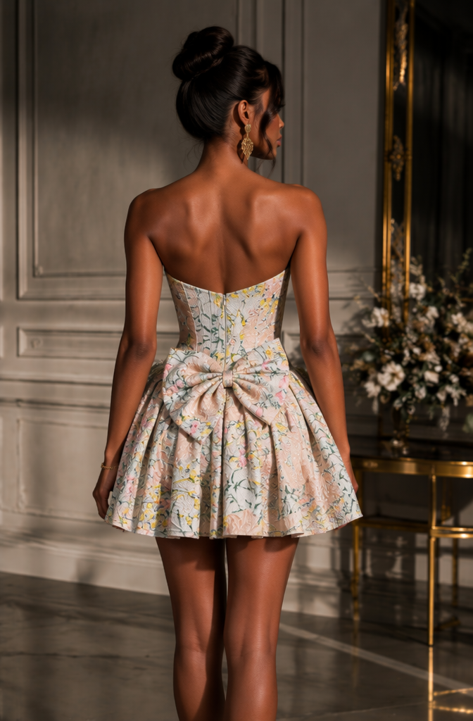 Floral brocade bow mini homecoming dress - back view