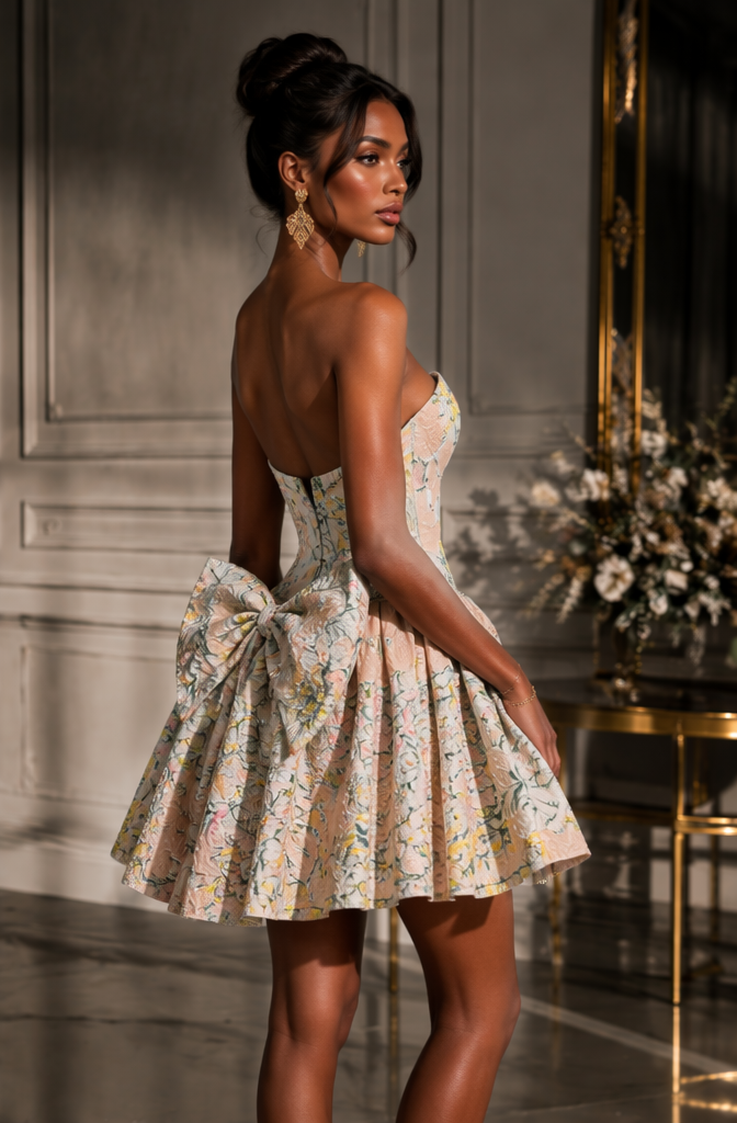 Floral brocade bow mini homecoming dress - side view
