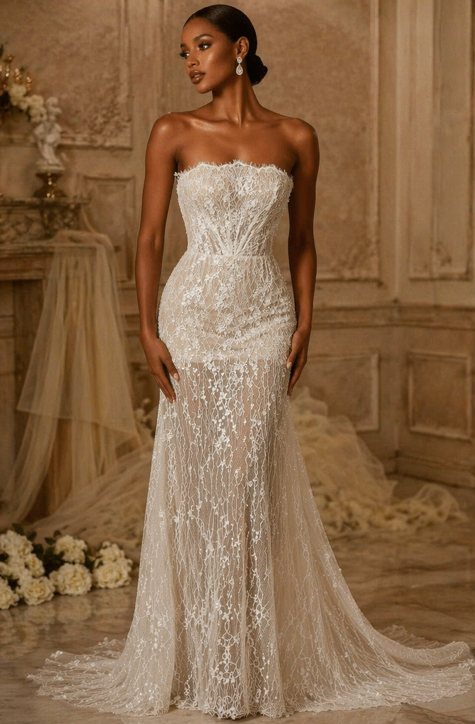 Strapless Glitter Lace Mermaid Wedding Dress - Front View
