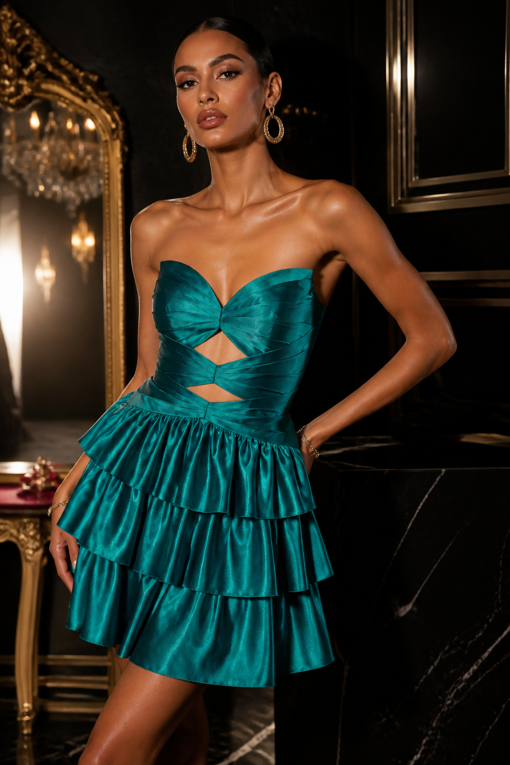 Teal Strapless Corset Tiered Ruffle Mini Homecoming Dress - Front View