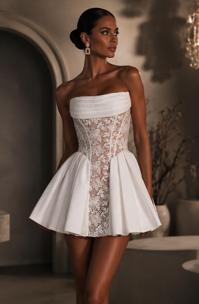 White Strapless Lace Corset Flare Mini Homecoming Dress - Front View