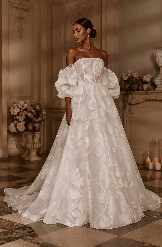 Off-shoulder puff sleeve floral jacquard bridal gown - back view