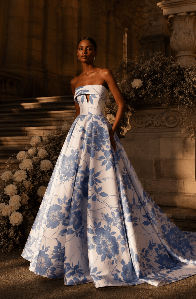 Strapless blue floral jacquard ball gown with keyhole bodice - front view