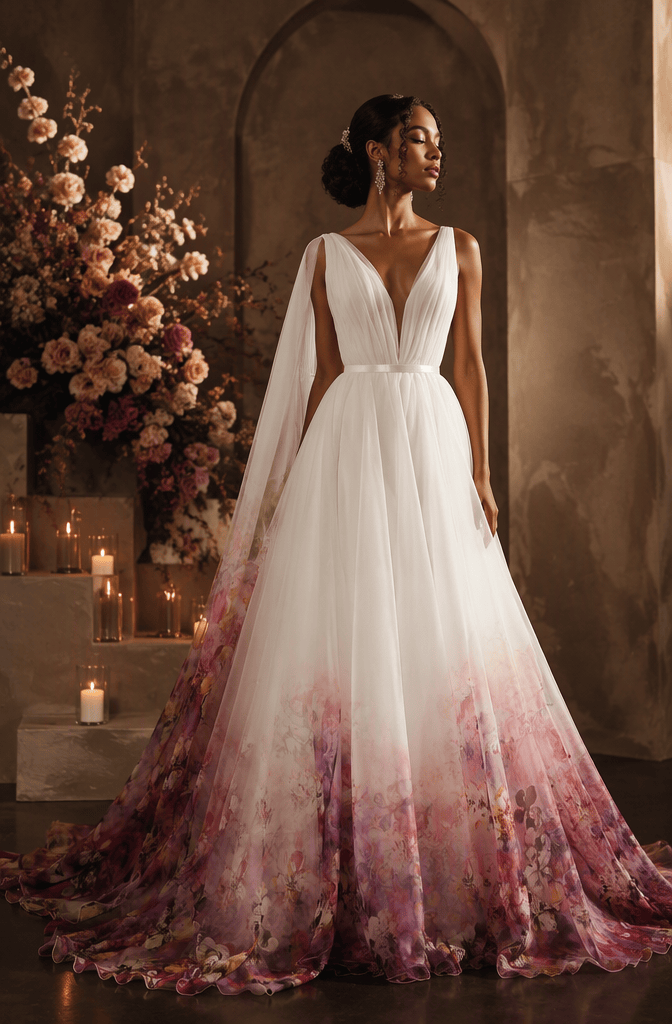 Deep V-neck cape sleeve floral ombre bridal gown - front view