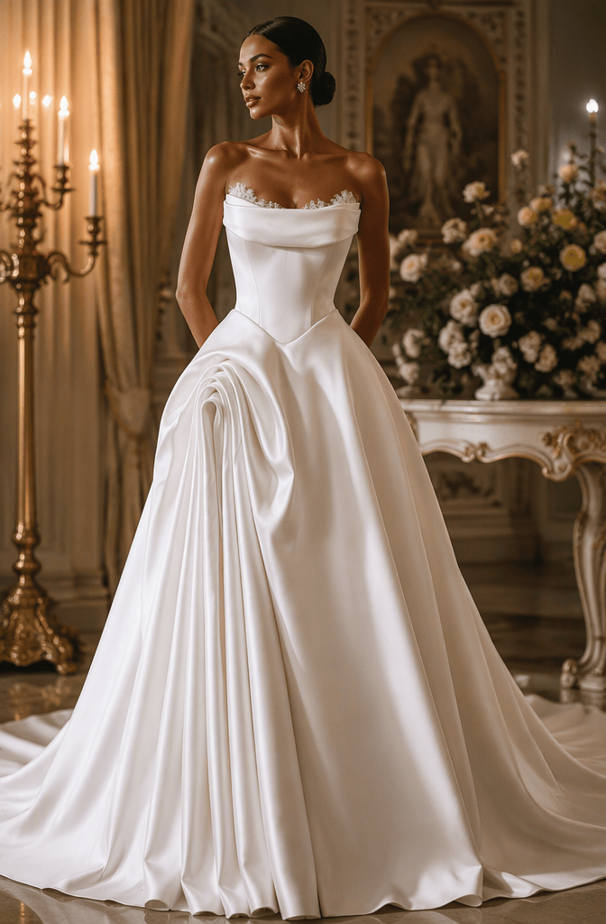 Strapless satin ball gown with lace trim - front view