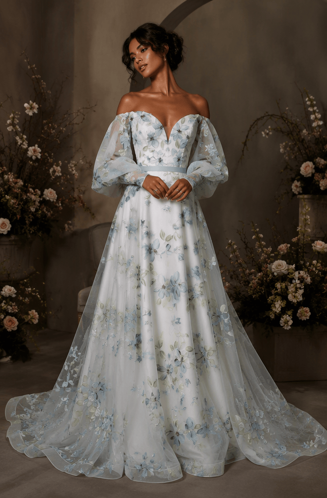 Off-shoulder puff sleeve blue floral print bridal gown - front view