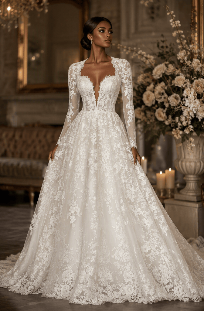 Long sleeve deep V-neck all-over lace A-line bridal gown - front view