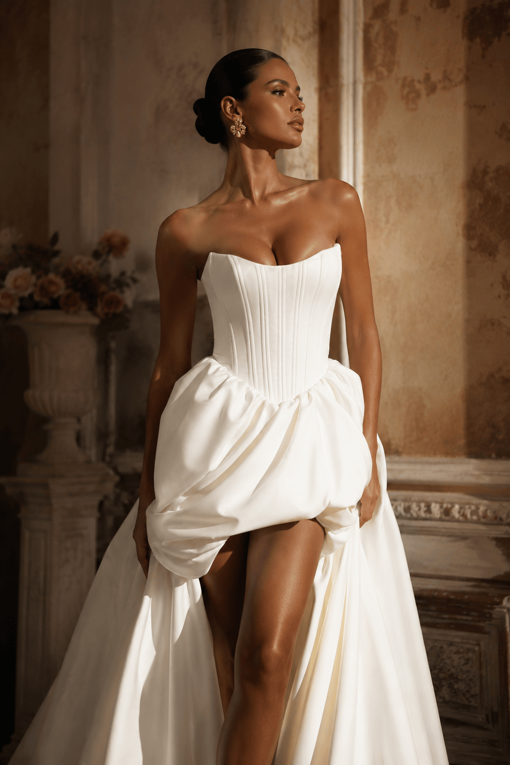 Strapless corset bridal gown with bubble skirt - side view