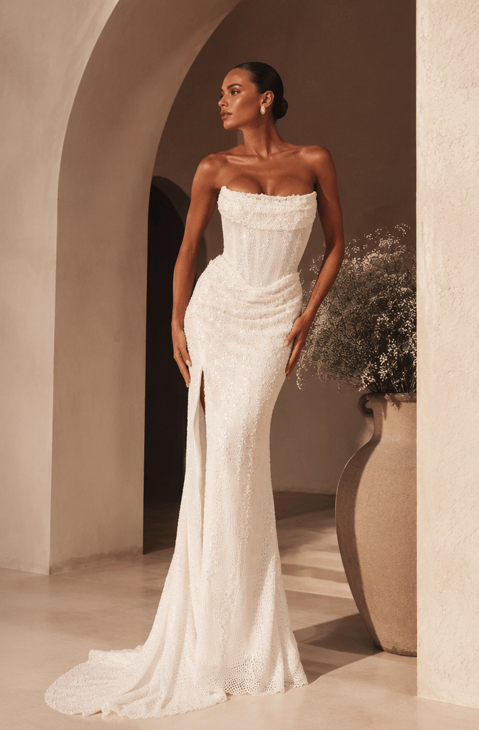 Strapless pearl beaded mermaid bridal gown with thigh slit - front view
