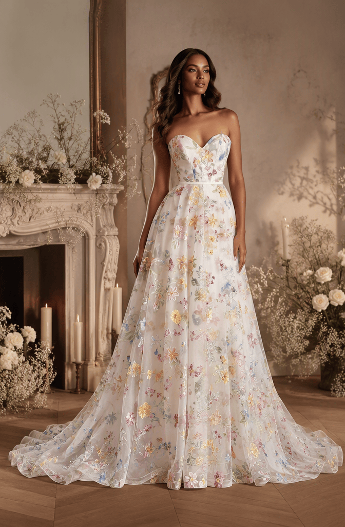 Strapless sweetheart colorful floral embroidered tulle A-line bridal gown - front view