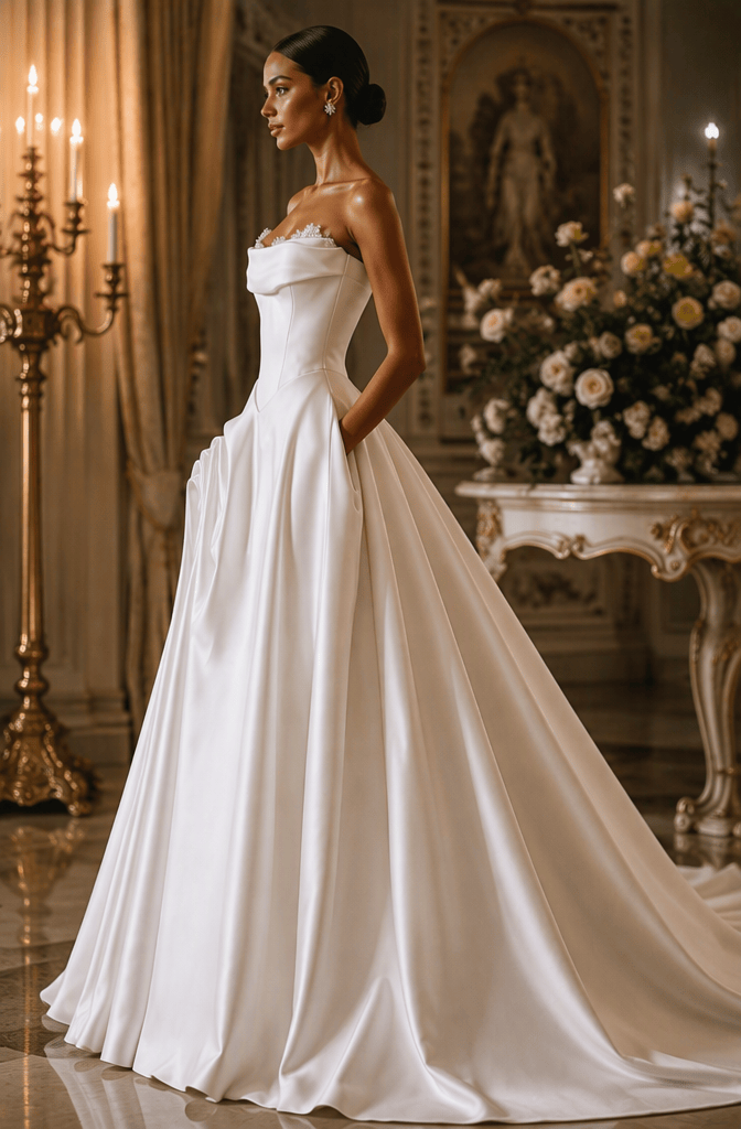 Strapless satin ball gown with cathedral train - side view