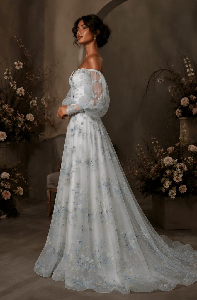 Off-shoulder puff sleeve blue floral print bridal gown - side view