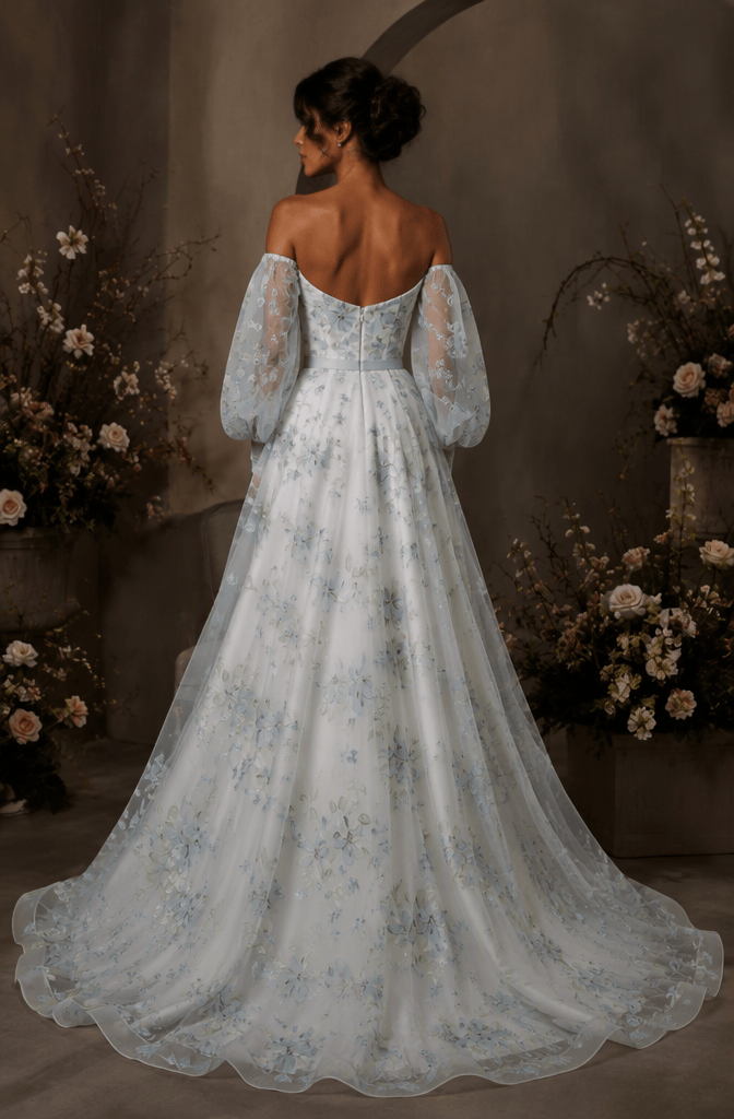 Off-shoulder puff sleeve blue floral print bridal gown - back view