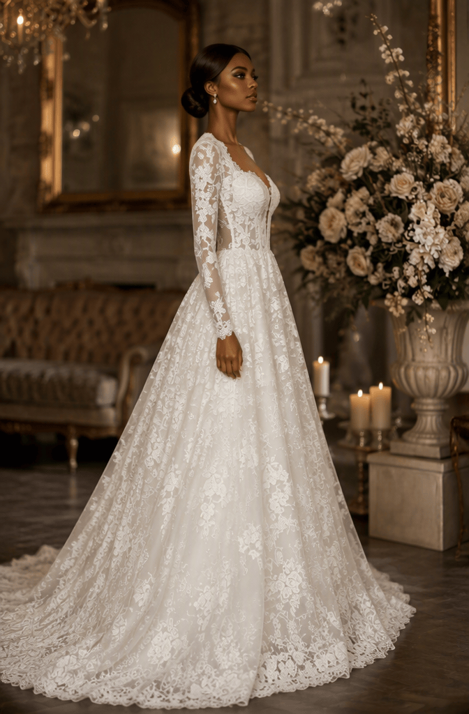 Long sleeve all-over lace bridal gown - side view