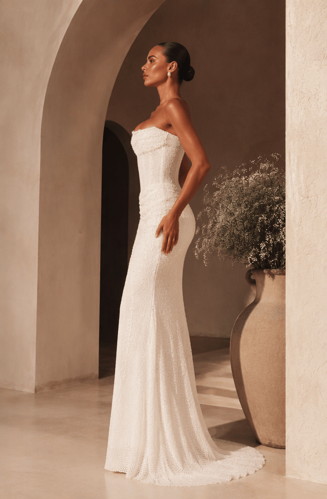 Strapless pearl beaded mermaid bridal gown - side view