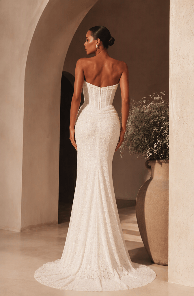 Strapless pearl beaded mermaid bridal gown with open back - back view
