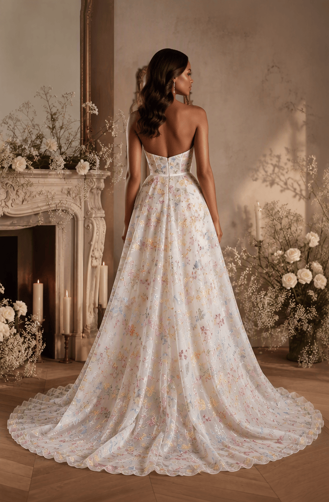 Strapless colorful floral embroidered bridal gown with open back - back view