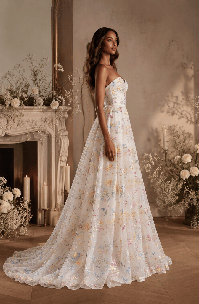Strapless colorful floral embroidered bridal gown - side view