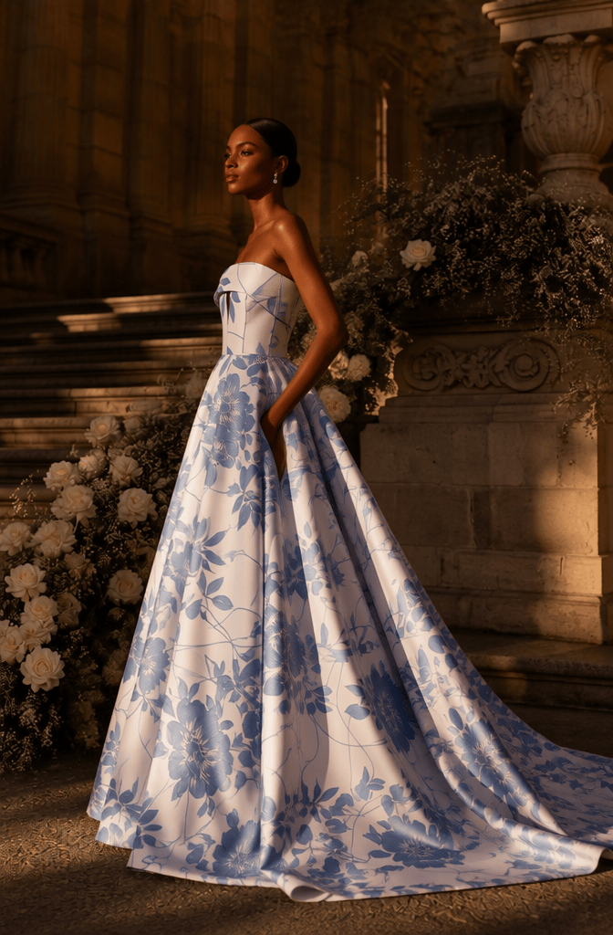 Strapless blue floral jacquard ball gown - side view