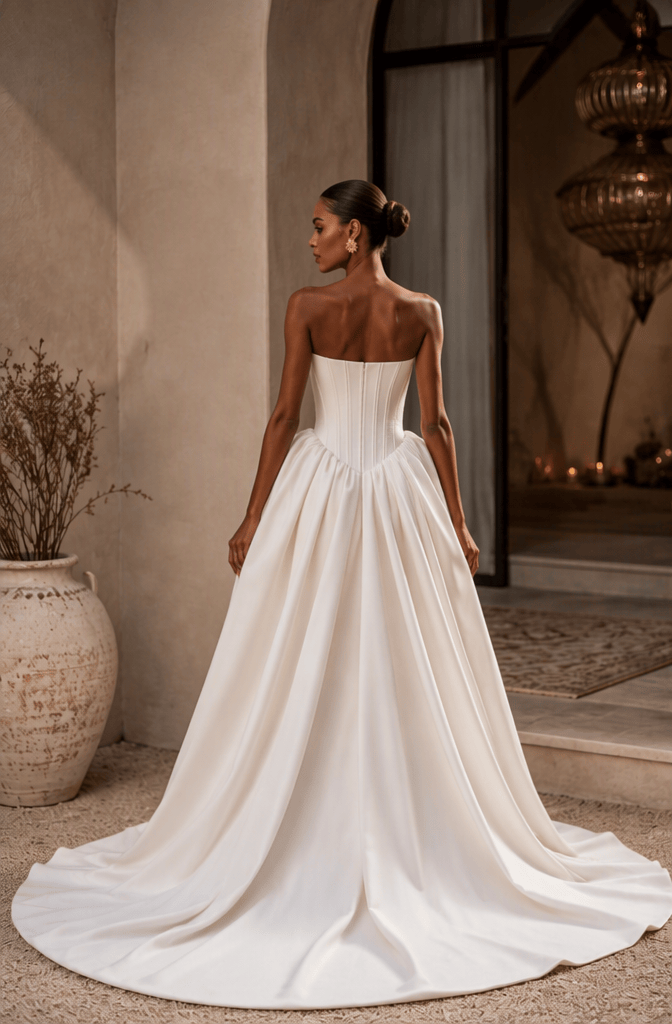 Strapless corset bridal gown with cathedral train - back view